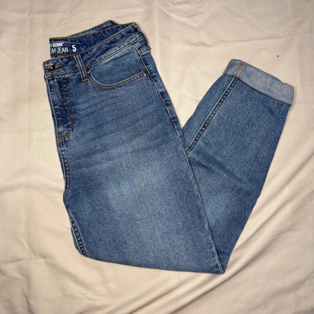 HT Denim Womens High Waisted Mom Jeans Medium Wash Cuffed Tapered Leg Size 5